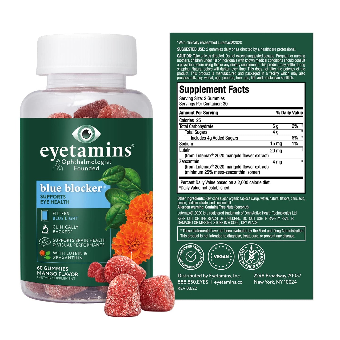 eyetamins Blue Blocker® Eye Health - 60 Lutein Gummies - Ophthalmologist-Developed - Support Vision, Filter Blue Light & Help Eye Strain - Promotes Sleep, Focus Eyesight – Vegan & Non-GMO Formula