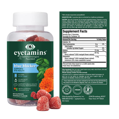 eyetamins Blue Blocker® Eye Health - 60 Lutein Gummies - Ophthalmologist-Developed - Support Vision, Filter Blue Light & Help Eye Strain - Promotes Sleep, Focus Eyesight – Vegan & Non-GMO Formula