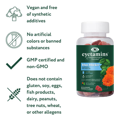 eyetamins Blue Blocker® Eye Health - 60 Lutein Gummies - Ophthalmologist-Developed - Support Vision, Filter Blue Light & Help Eye Strain - Promotes Sleep, Focus Eyesight – Vegan & Non-GMO Formula