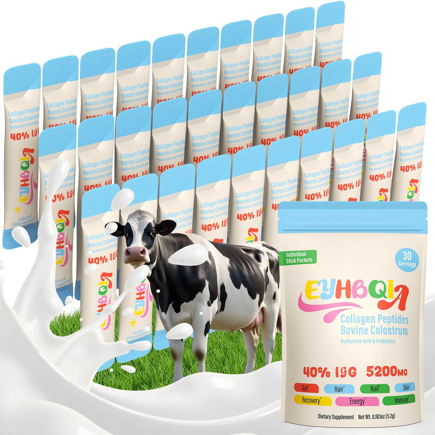 EYHBQIA Collagen & Colostrum Powder with Hyaluronic Acid | Grass-Fed Bovine Colostrum Supplement, 30 Servings
