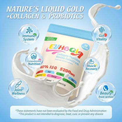 EYHBQIA Collagen & Colostrum Powder with Hyaluronic Acid | Grass-Fed Bovine Colostrum Supplement, 30 Servings