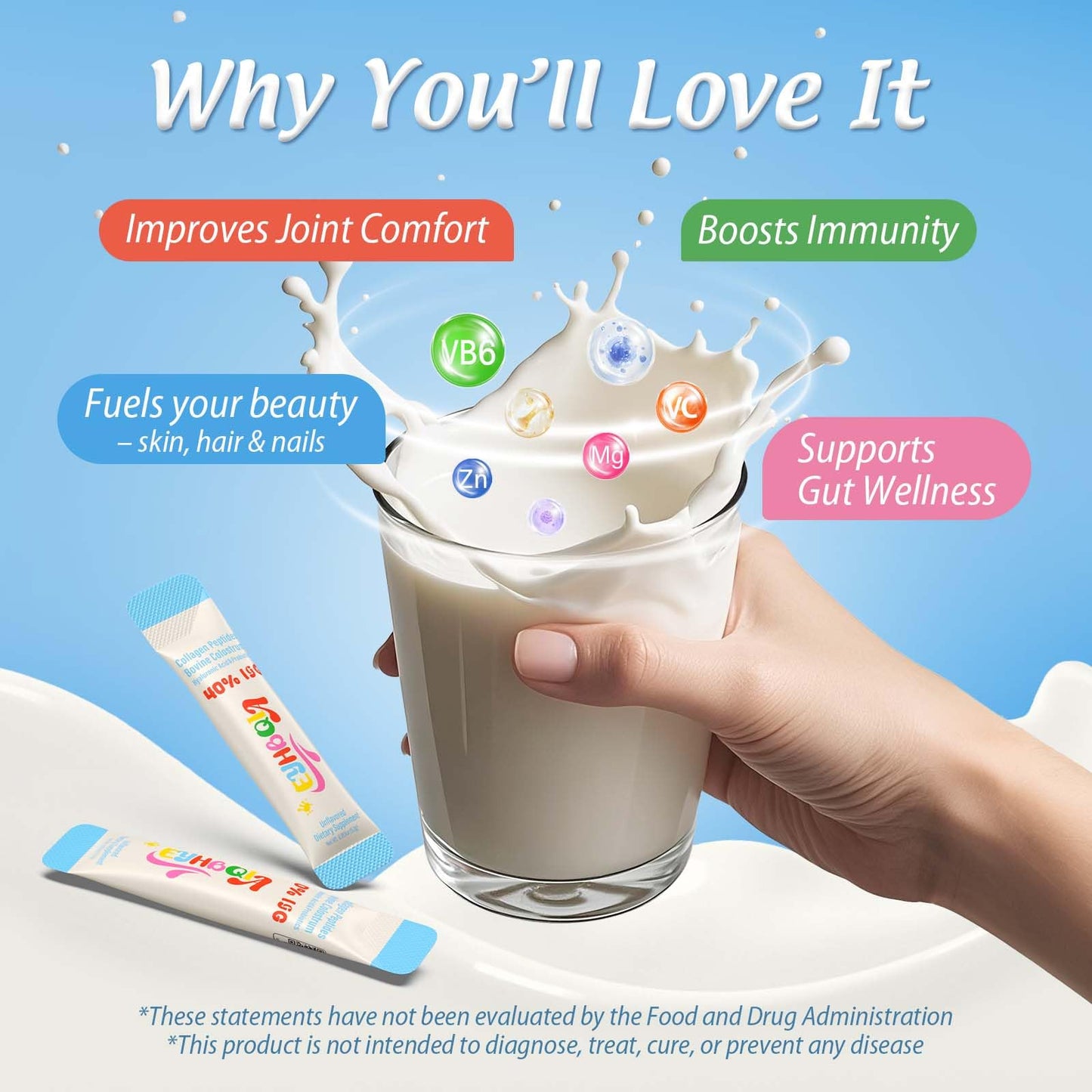 EYHBQIA Collagen & Colostrum Powder with Hyaluronic Acid | Grass-Fed Bovine Colostrum Supplement, 30 Servings