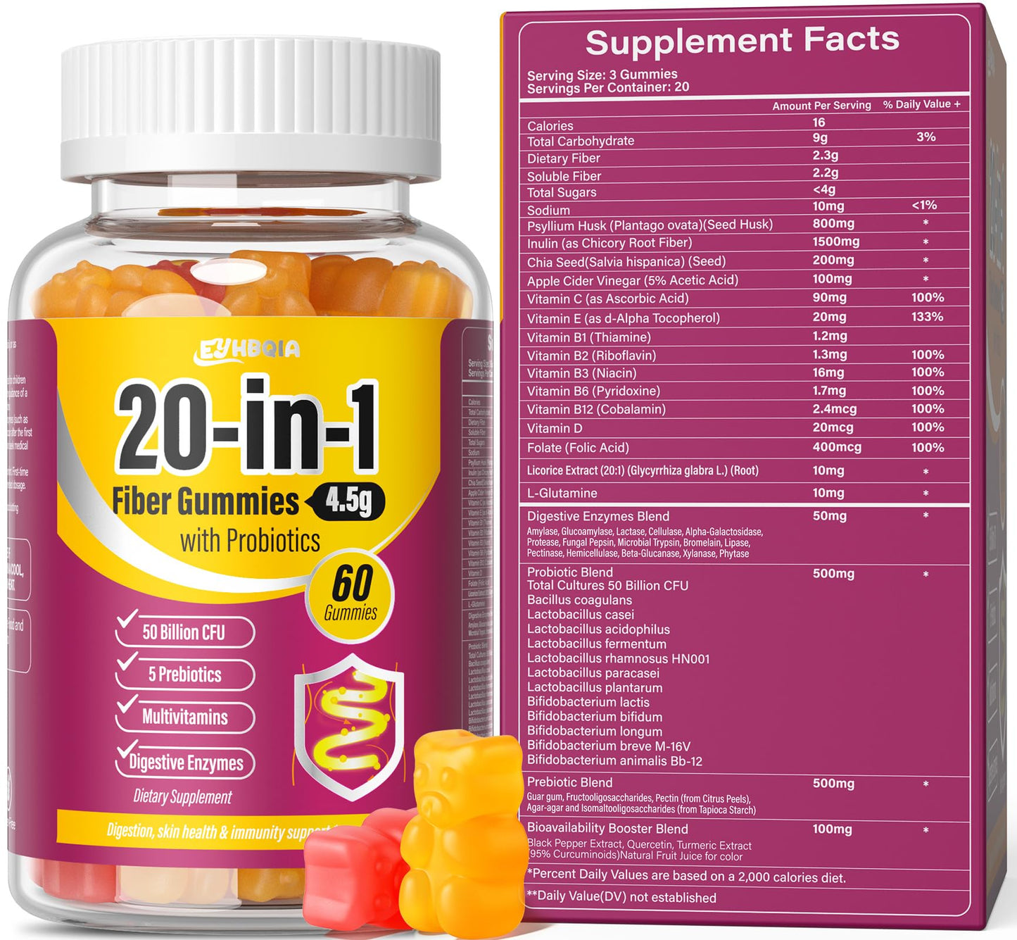 EYHBQIA Fiber Gummies for Women – 9-in-1 Prebiotic Fiber, Probiotics & Vitamins | Sugar-Free Keto Digestive Support