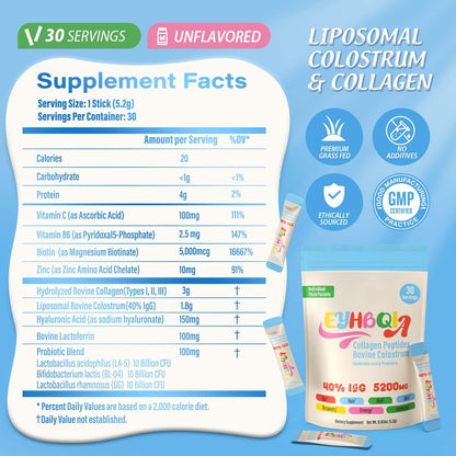 EYHBQIA Collagen & Colostrum Powder with Hyaluronic Acid | Grass-Fed Bovine Colostrum Supplement, 30 Servings