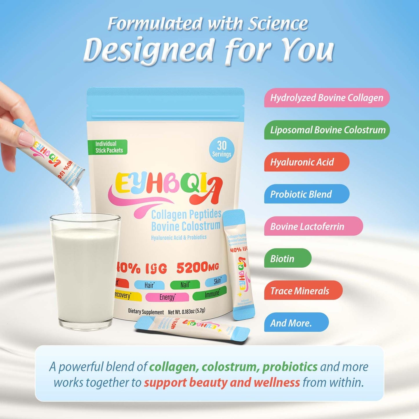 EYHBQIA Collagen & Colostrum Powder with Hyaluronic Acid | Grass-Fed Bovine Colostrum Supplement, 30 Servings