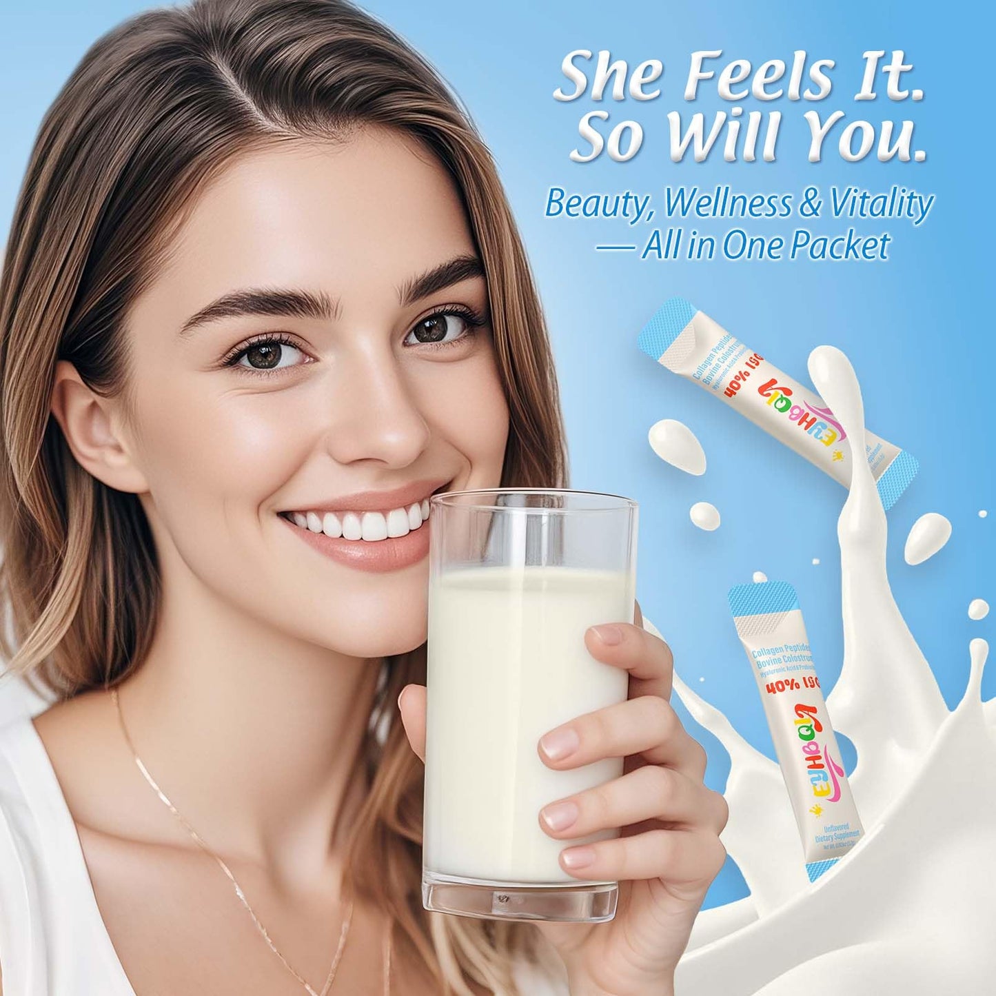 EYHBQIA Collagen & Colostrum Powder with Hyaluronic Acid | Grass-Fed Bovine Colostrum Supplement, 30 Servings
