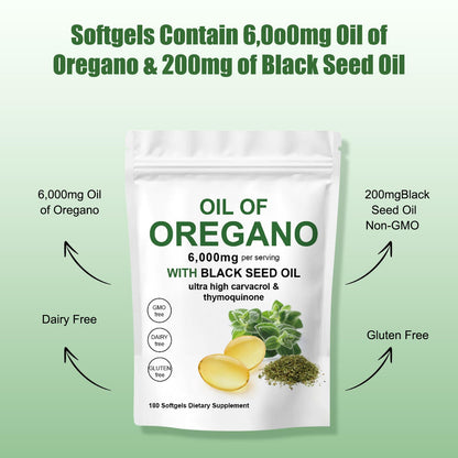 Eyowea Oil of Oregano with Black Seed Oil - 2 in 1, 6000mg Capsules, Non-GMO & Gluten Free, 180 Count