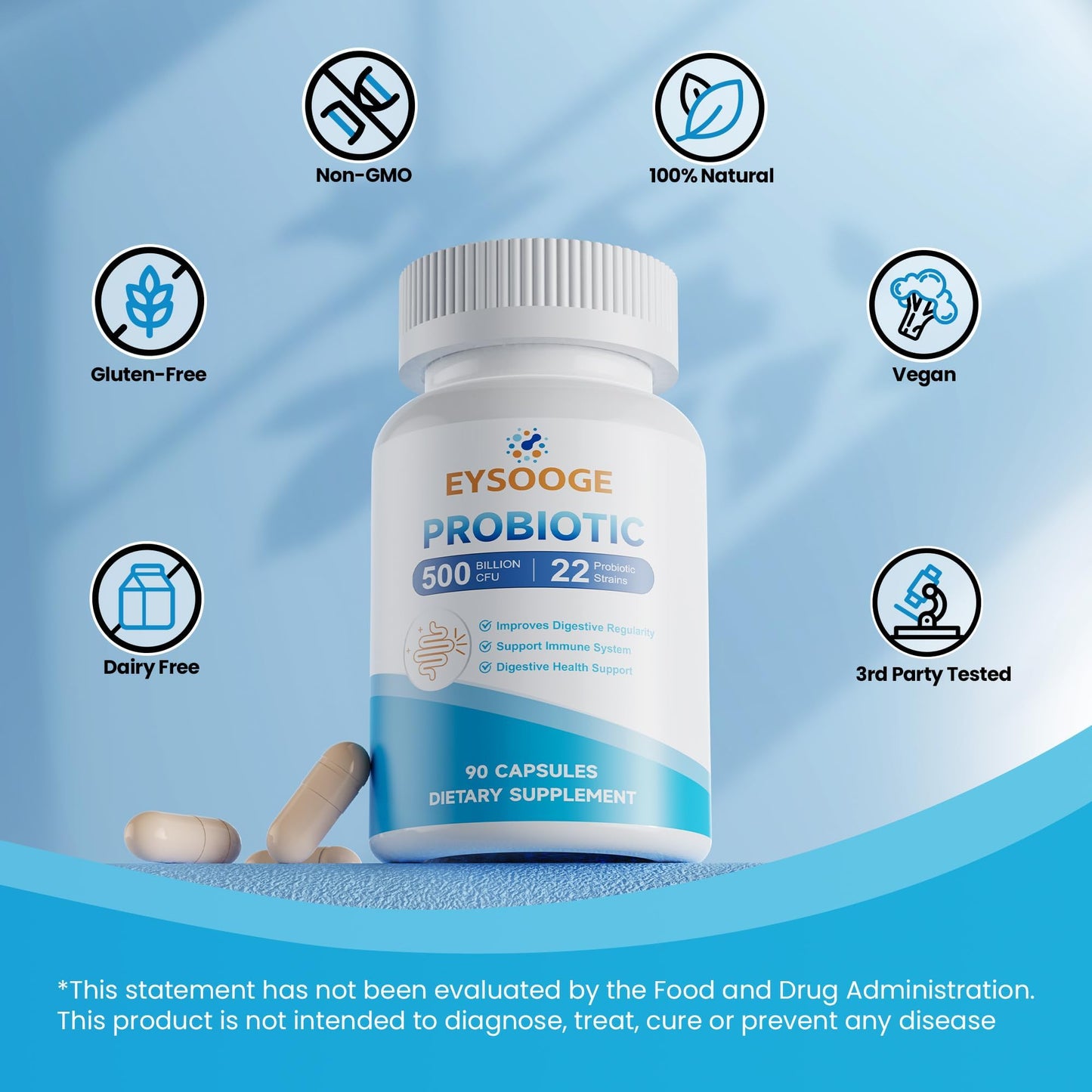 EYSOOGE Probiotics for Women and Men - 500B CFU, 22 Strains, 90 Capsules