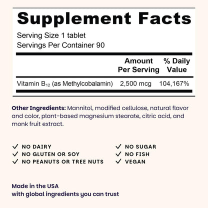 EZ Melts B12 2,500 mcg | Vegan Sublingual Vitamin B12 for Energy & Immune Support – Non-GMO, Gluten-Free, Red Cherry, 90 Servings