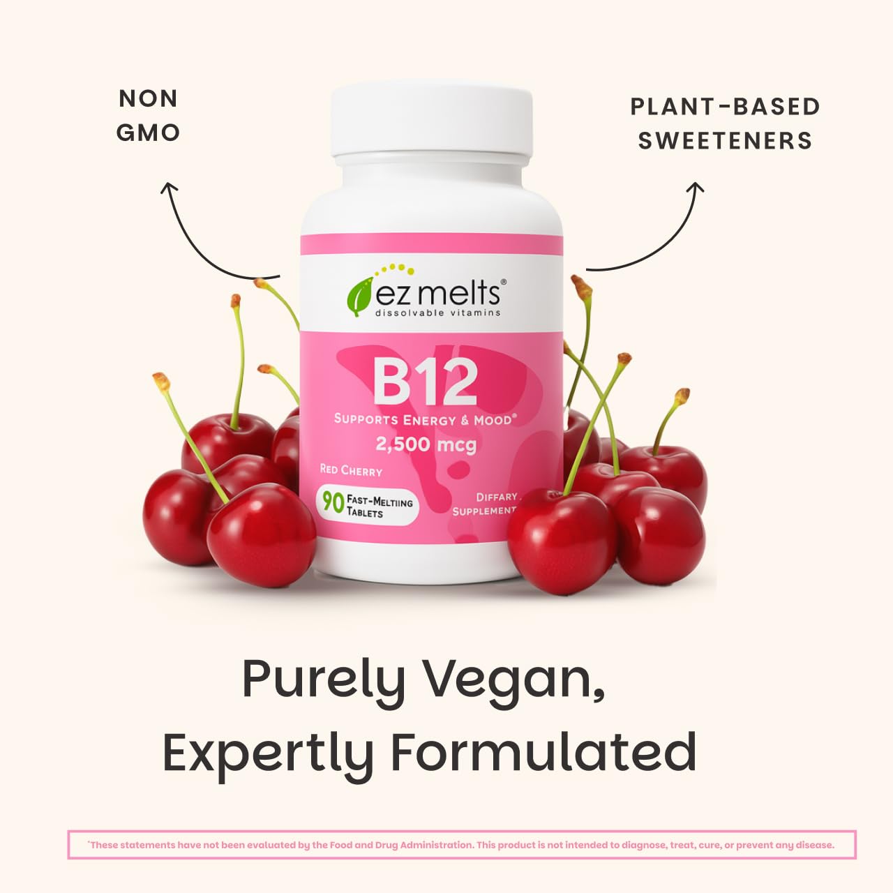 EZ Melts B12 2,500 mcg | Vegan Sublingual Vitamin B12 for Energy & Immune Support – Non-GMO, Gluten-Free, Red Cherry, 90 Servings