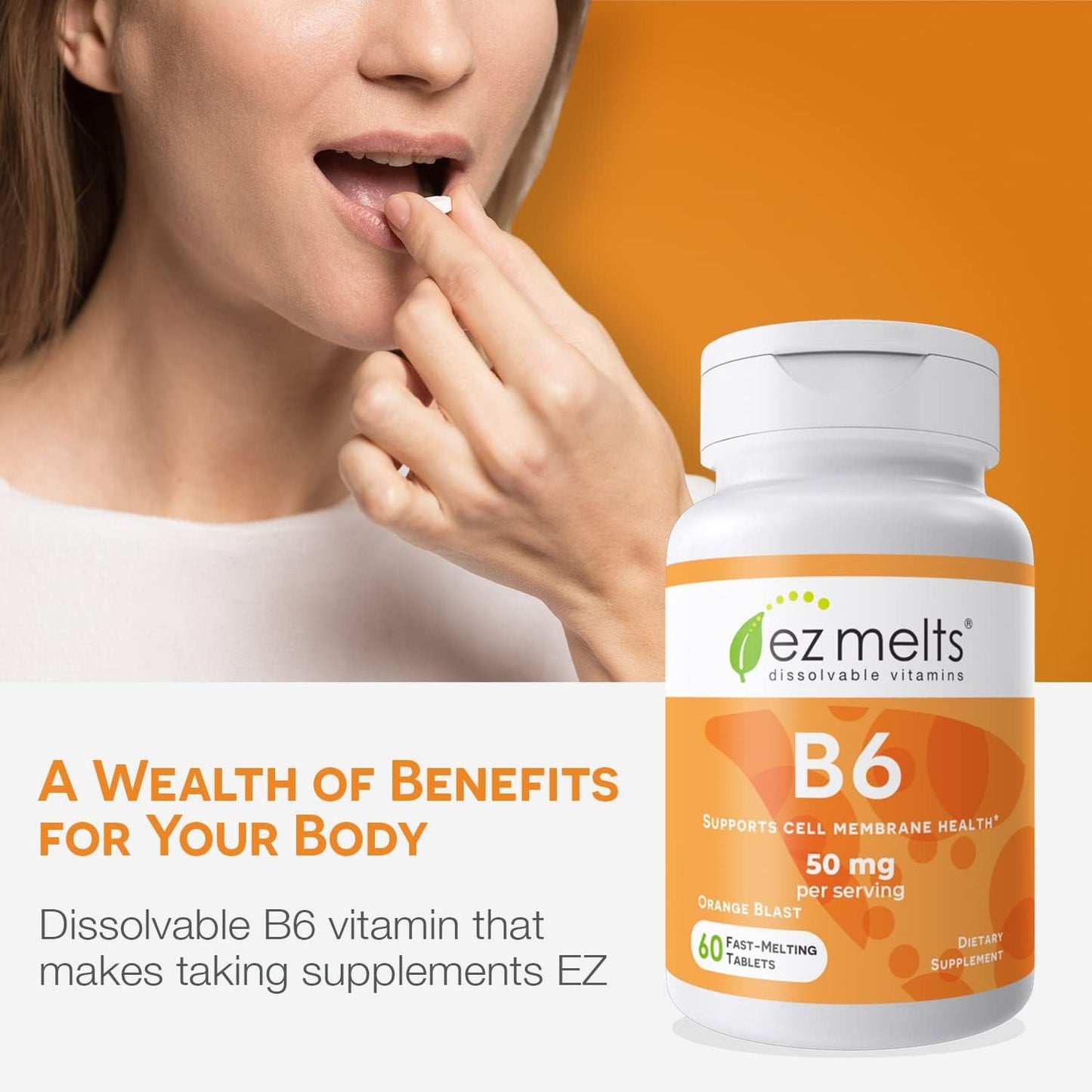 EZ Melts Vitamin B6 50 mg – Sugar-Free, Dissolvable Tablets | 1-Month Supply (1 Pack)