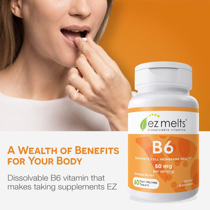 EZ Melts Vitamin B6 50 mg – Sugar-Free, Dissolvable Tablets | 1-Month Supply (1 Pack)