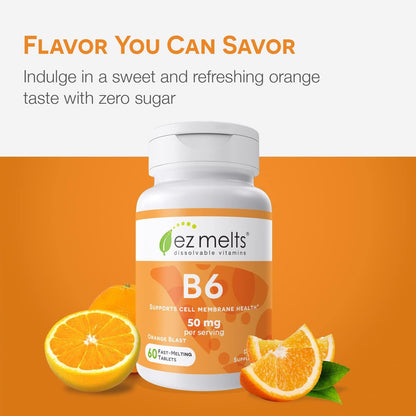 EZ Melts Vitamin B6 50 mg – Sugar-Free, Dissolvable Tablets | 1-Month Supply (1 Pack)
