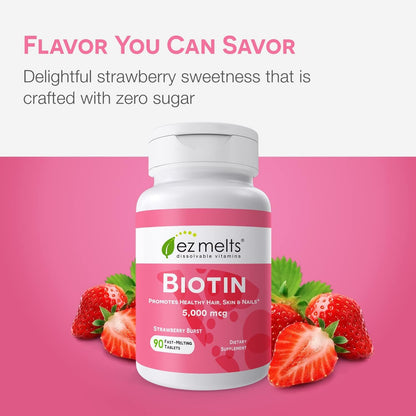 EZ Melts Biotin 5,000 mcg – Dissolvable, Sugar-Free | Hair, Skin & Nails | 3-Month Supply | 2 Pack
