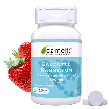EZ Melts Calcium & Magnesium - Vegan, Non-GMO | Strawberry Smoothie - 60 Tablets