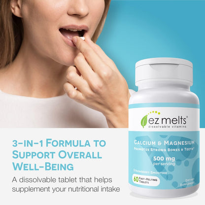 EZ Melts Calcium & Magnesium - Vegan, Non-GMO | Strawberry Smoothie - 60 Tablets