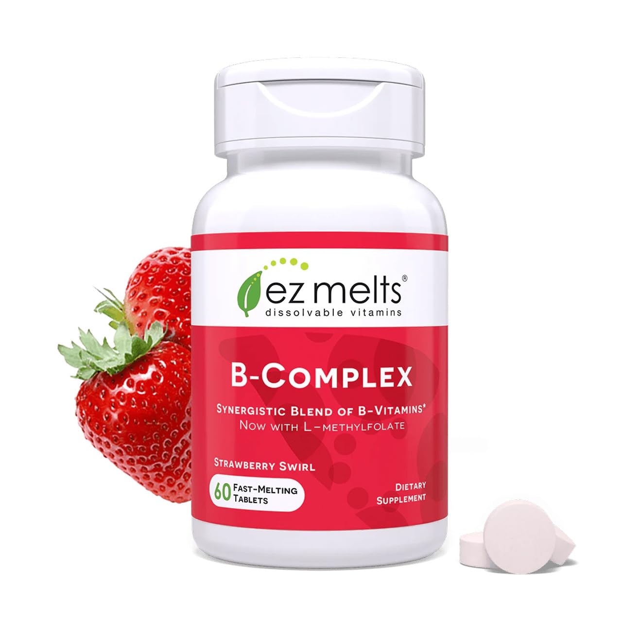 EZ Melts Dissolvable B-Complex – Vitamin B Complex for Energy Metabolism & Heart Health (Methylated B12 & Folate) – Non-GMO & Vegan – Strawberry Swirl – 60 Tablets