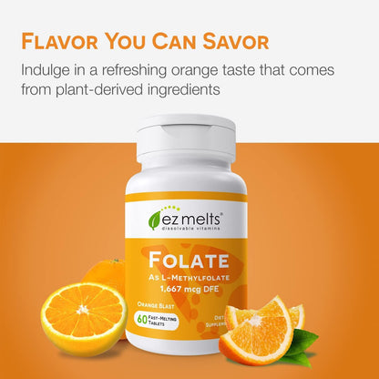 EZ Melts Dissolvable Folate 1,667 mcg | L-Methylfolate, Sugar-Free, 2-Month Supply