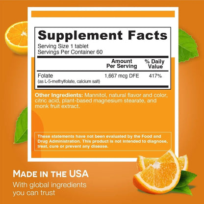 EZ Melts Folate 1,667 mcg DFE – Dissolvable, Methylated Folate for Heart Health & Fetal Development – Non-GMO, Vegan, Dairy-Free – Orange Blast (120 Servings) BritishVita | Premium UK Vitamins & Wellness Supplements