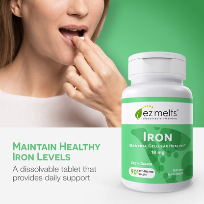 EZ Melts Iron - Dissolvable Iron Supplement for Daily Energy | Vitamin C | Non-GMO & Vegan | Zesty Orange