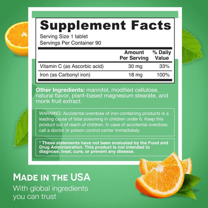EZ Melts Iron - Dissolvable Iron Supplement for Daily Energy | Vitamin C | Non-GMO & Vegan | Zesty Orange