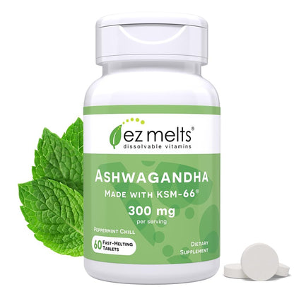 EZ Melts Dissolvable KSM-66 Ashwagandha 300 mg – Sugar-Free Stress, Sleep & Mood Support | Peppermint Chill Flavor, 30-Day Supply