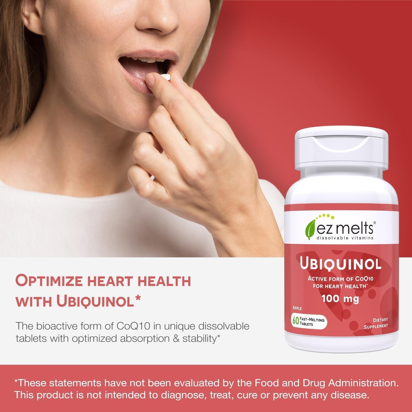EZ Melts Ubiquinol 100mg – Dissolvable CoQ10 for Heart Health | Sugar-Free, 2-Month Supply, 1 Pack