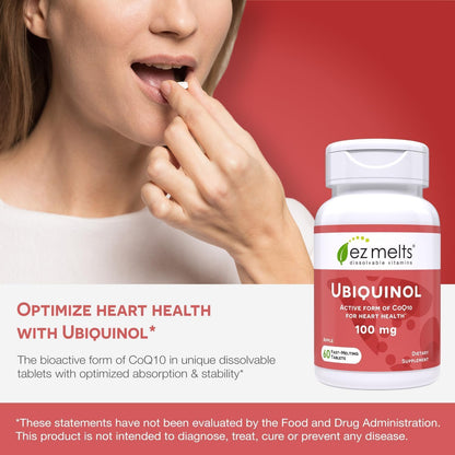 EZ Melts Ubiquinol 100mg – Dissolvable CoQ10 for Heart Health | Sugar-Free, 2-Month Supply, 1 Pack