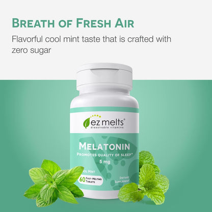 EZ Melts Dissolvable Melatonin 5 mg - Sugar-Free, 2-Month Supply, Cool Mint Flavor - 2 Pack