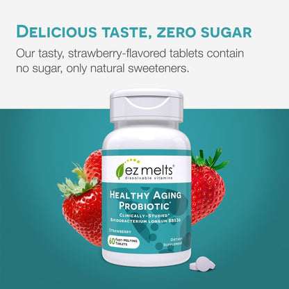 EZ Melts Dissolvable Healthy Aging Probiotic, Bifidobacterium Longum BB536 (2 Billion CFU), Sugar-Free, Probiotics for Women & Men 50+, 2-Month Supply - 1 Pack