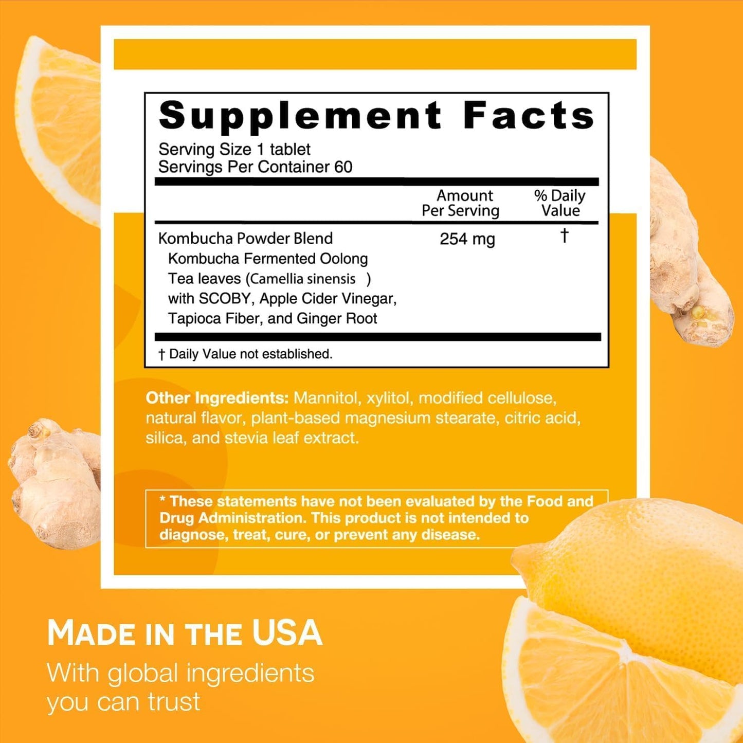 EZ Melts Sugar-Free Kombucha Tablets with SCOBY & ACV – Ginger Lemonade, 2-Pack (2-Month Supply)