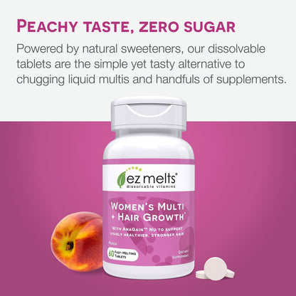EZ Melts Women's Multi + Hair Growth – Peach Dissolvable Multivitamin for Women (60 Tablets) – Vegan & Non-GMO