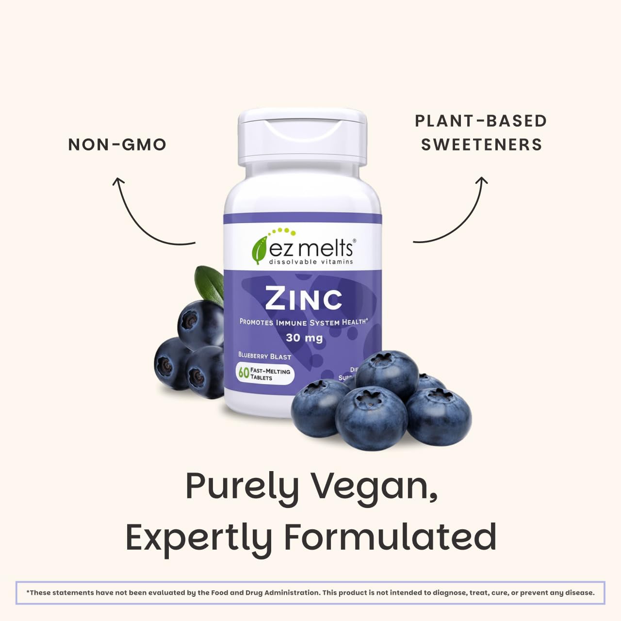 EZ Melts Dissolvable Zinc 30 mg – Sugar-Free, 2-Month Supply, 1 Pack