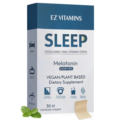EZ VITAMINS Dissolvable Sleep Strips – 5 mg Melatonin, Valerian, L-Theanine, Vitamin B6 | Fresh Mint | 30ct