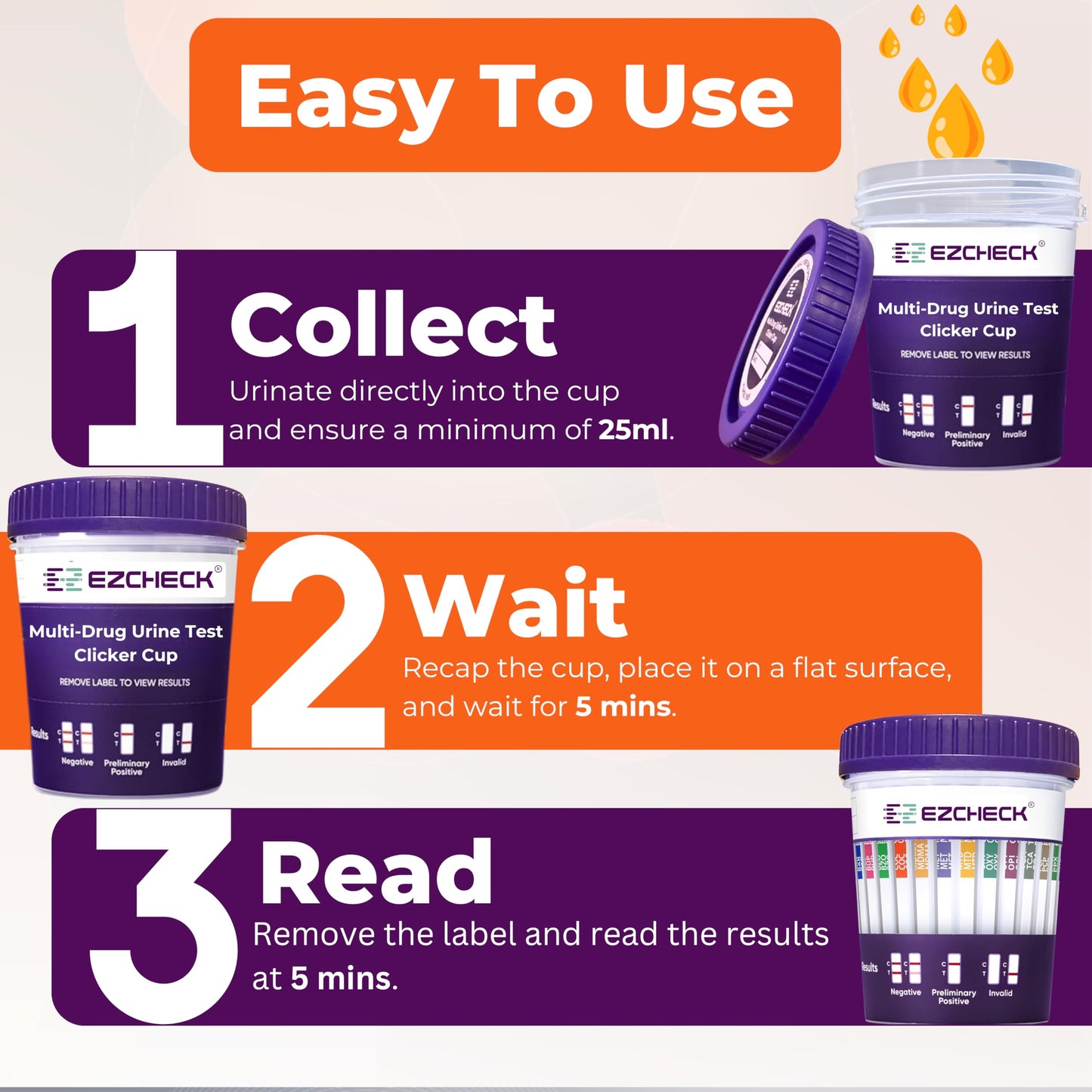1 Test Cup | 14-Panel EZCHECK Multi-Drug Urine Test Cup – 5-Min At-Home Results | FSA/HSA Eligible