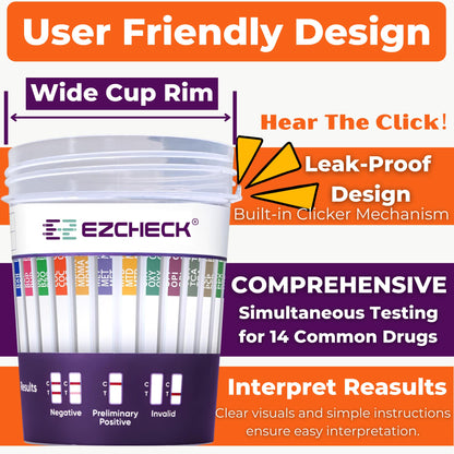 1 Test Cup | 14-Panel EZCHECK Multi-Drug Urine Test Cup – 5-Min At-Home Results | FSA/HSA Eligible