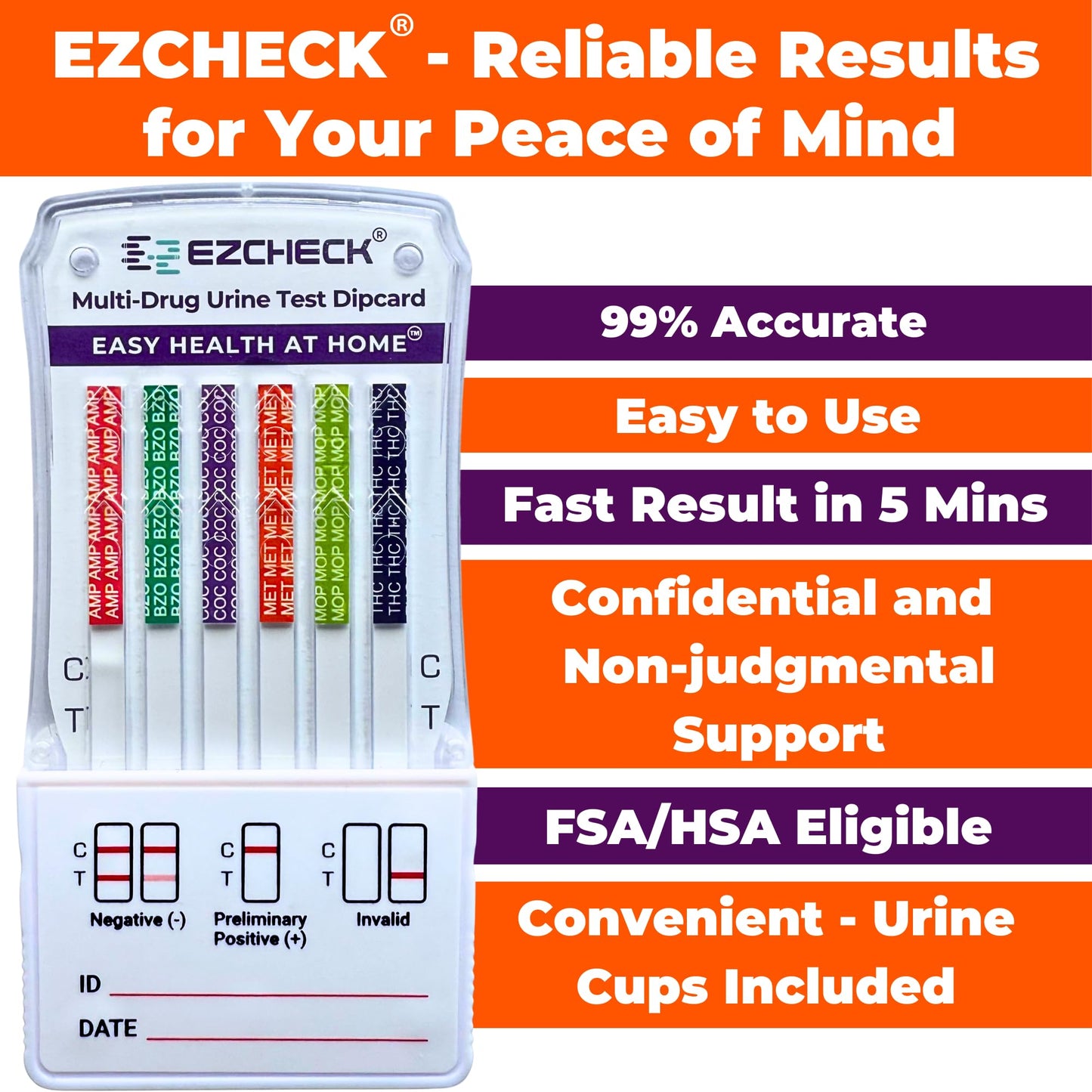 [20 Pack] EZCHECK 6-Panel Drug Test - at-Home Kit for THC, MET, BZO, OPI, AMP, COC