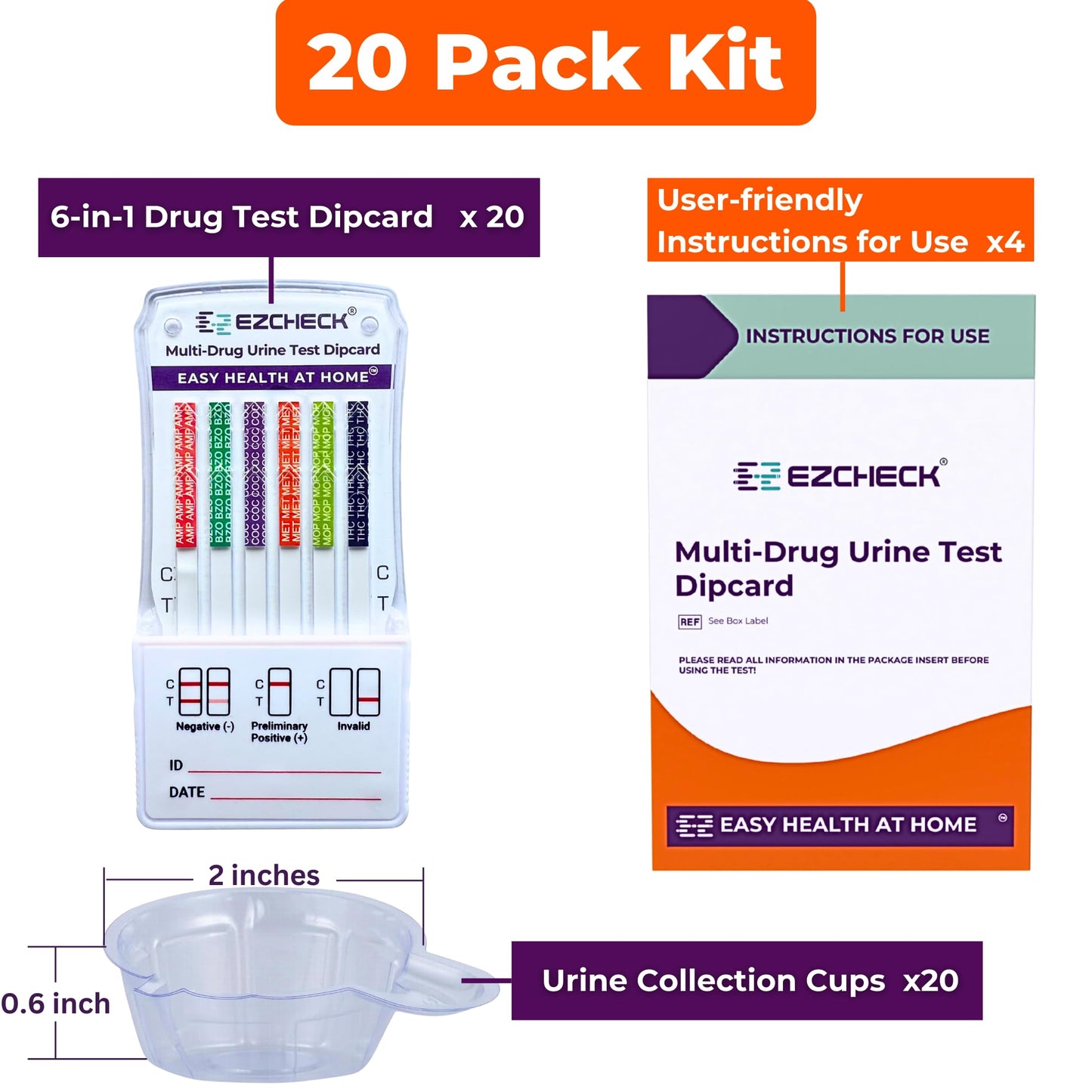 [20 Pack] EZCHECK 6-Panel Drug Test - at-Home Kit for THC, MET, BZO, OPI, AMP, COC