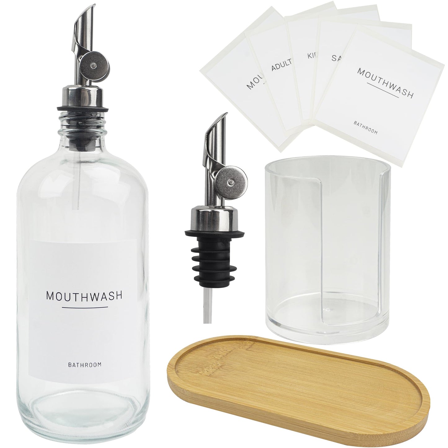 Ezebesta 480ml Glass Pump Dispenser for Mouthwash – Bamboo Tray, Cups Holder & Labels