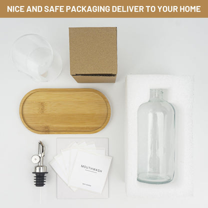 Ezebesta 480ml Glass Pump Dispenser for Mouthwash – Bamboo Tray, Cups Holder & Labels