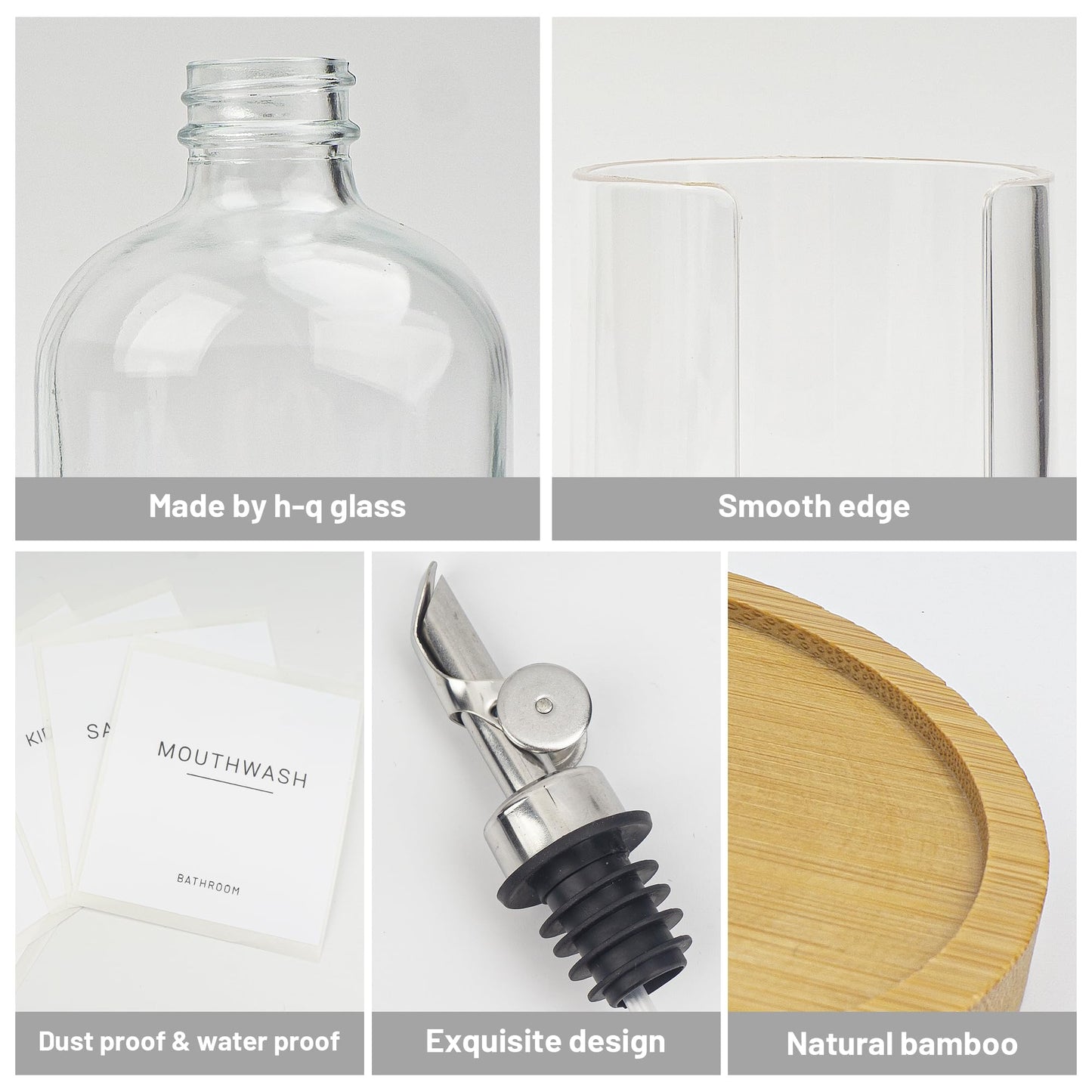 Ezebesta 480ml Glass Pump Dispenser for Mouthwash – Bamboo Tray, Cups Holder & Labels