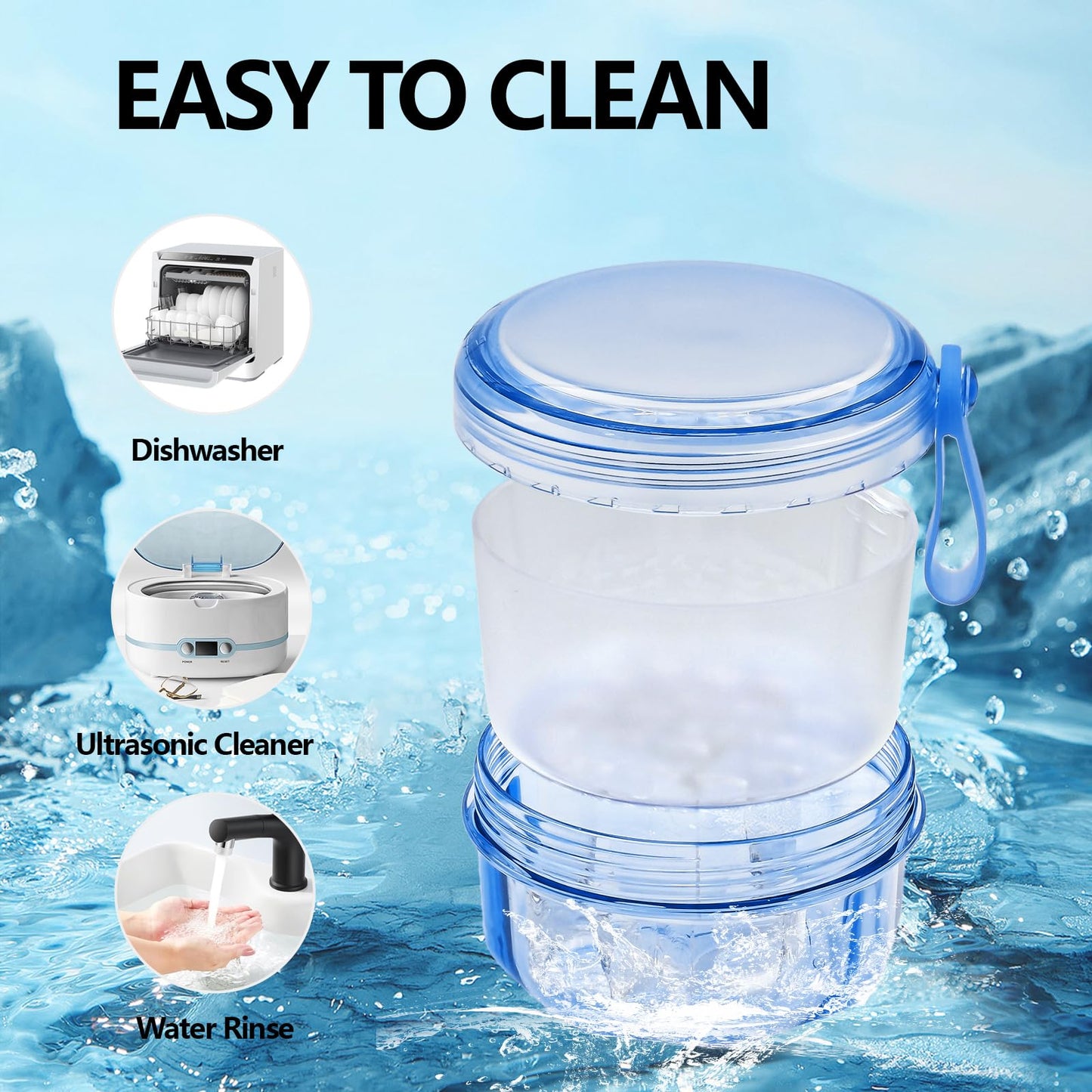 EZEELAI No-Leak Denture Case: Retainer Bath Cup (Transparent Blue)