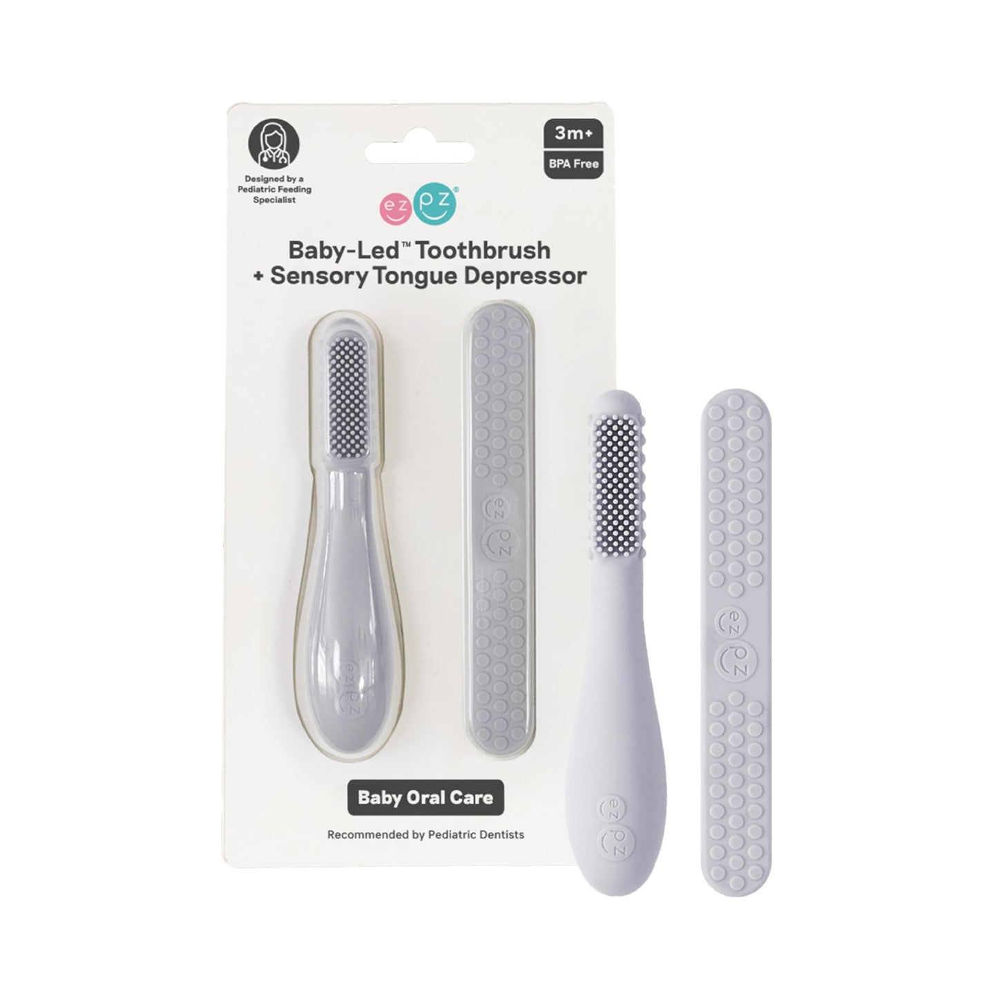 ezpz Baby-Led Toothbrush + Tongue Depressor Dual Pack (Pewter) – 100% Silicone Toothbrush & Silicone/Stainless Steel Tongue Depressor