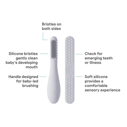 ezpz Baby-Led Toothbrush + Tongue Depressor Dual Pack (Pewter) – 100% Silicone Toothbrush & Silicone/Stainless Steel Tongue Depressor