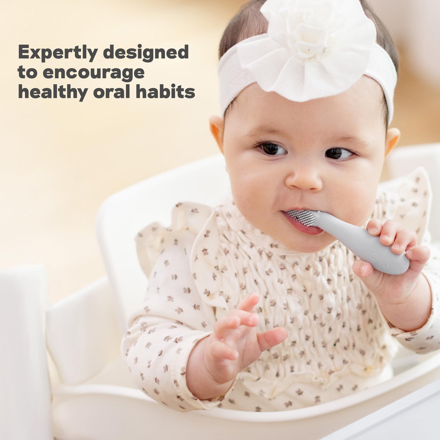 ezpz Baby-Led Toothbrush Pewter (3+ Months) - Silicone Infant Toothbrush