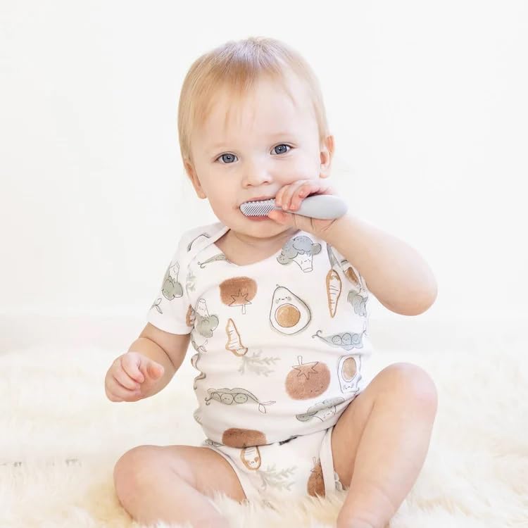 ezpz Baby-Led Toothbrush Pewter (3+ Months) - Silicone Infant Toothbrush