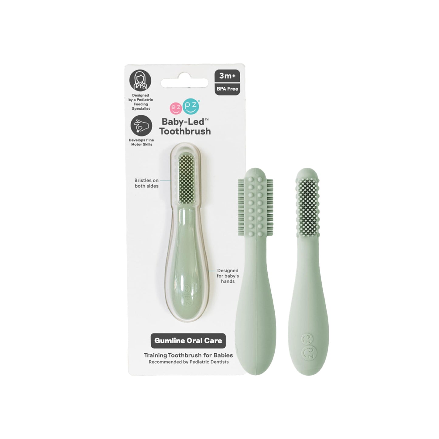 ezpz Baby-Led Toothbrush (Sage) – 3+ Months | 100% Silicone with Sensory Bumps