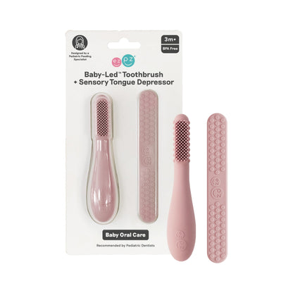 ezpz Baby-Led Toothbrush + Tongue Depressor Dual Pack – Blush (100% Silicone)