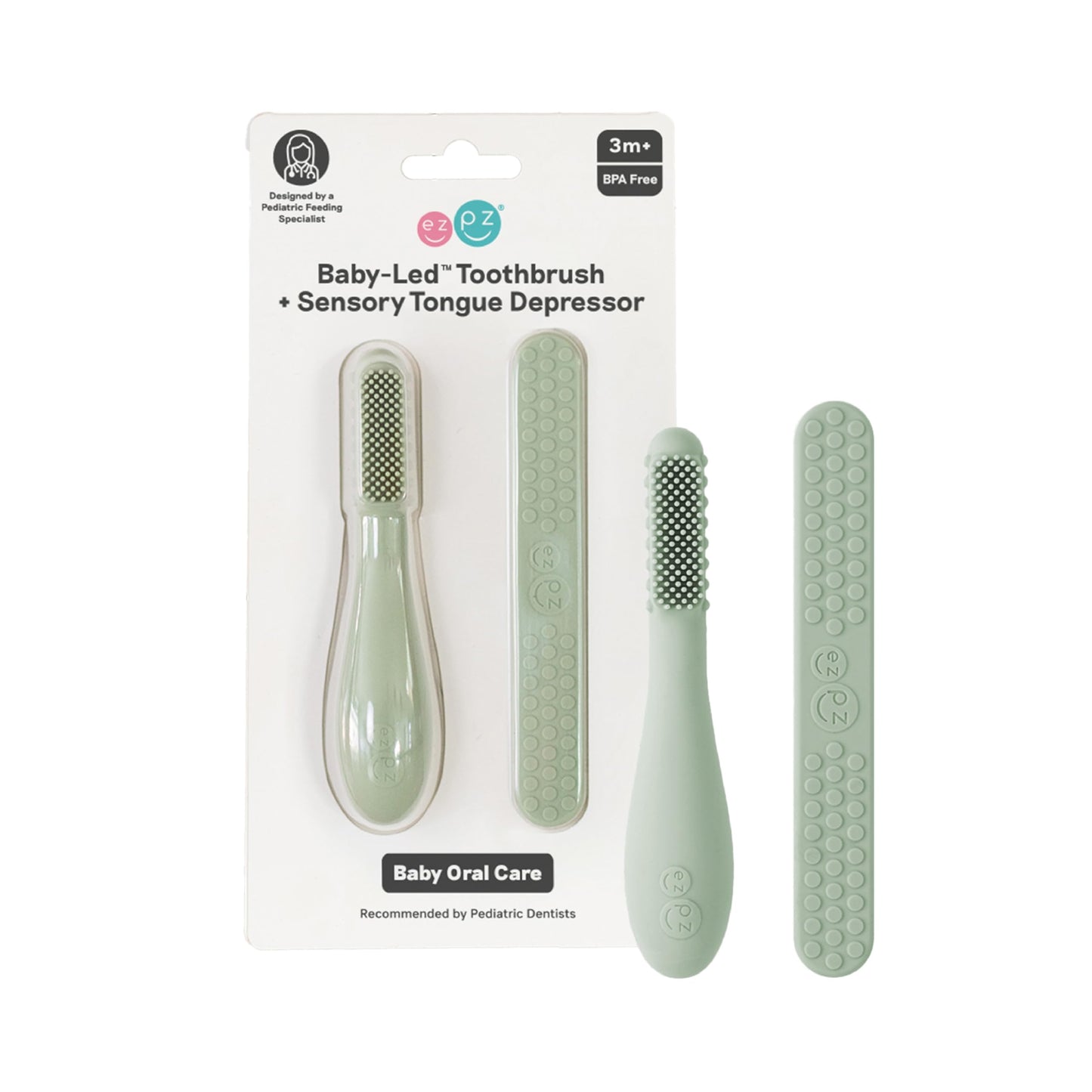ezpz Baby-Led Toothbrush + Tongue Depressor Dual Pack (Sage) – 100% Silicone Toothbrush + Silicone/Stainless Steel Tongue Depressor