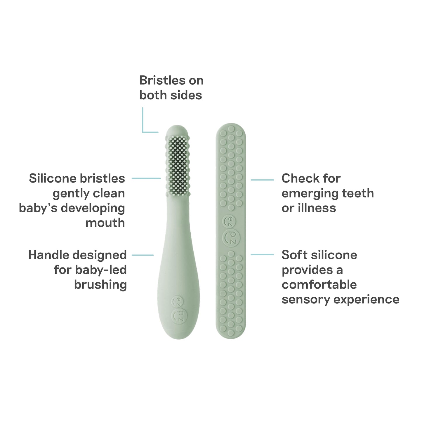 ezpz Baby-Led Toothbrush + Tongue Depressor Dual Pack (Sage) – 100% Silicone Toothbrush + Silicone/Stainless Steel Tongue Depressor
